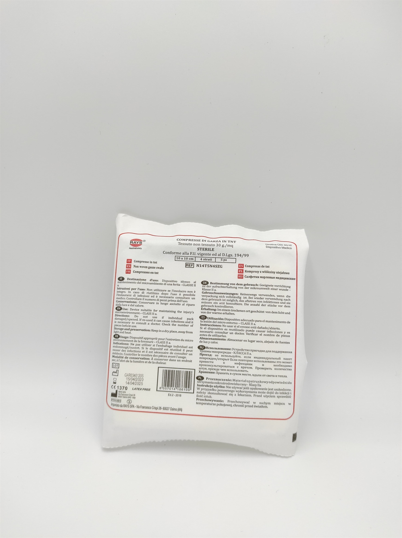 Compresse di garza sterile in tnt 4 strati - bustina da 5 pezzi - 10x10/20cm - RAYS - 10x10jjcm