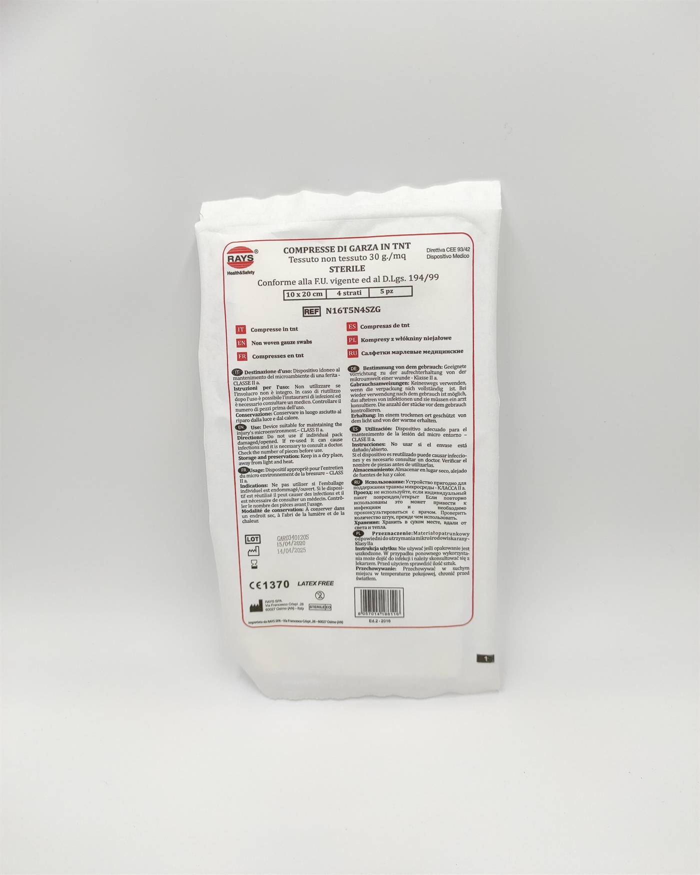 Compresse di garza sterile in tnt 4 strati - bustina da 5 pezzi - 10x10/20cm - RAYS - 10x20jjcm